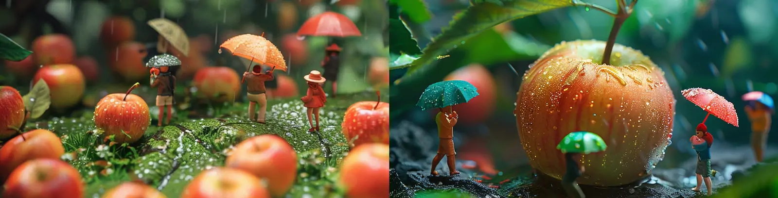 创意苹果树果园雨天人物撑伞微观世界艺术摄影海报midjourney关键词咒语