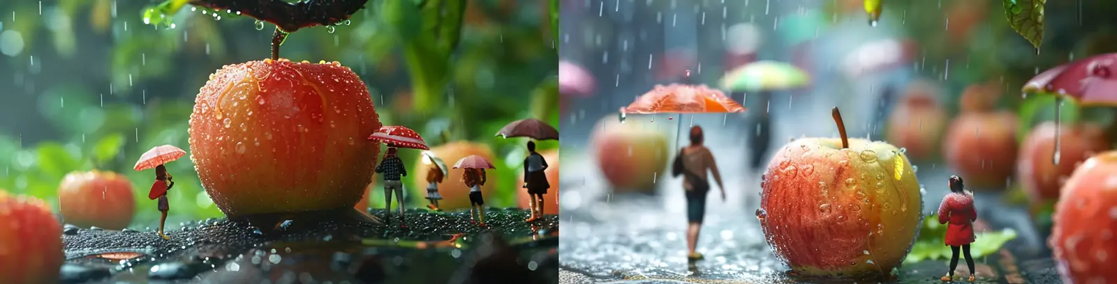创意苹果树果园雨天人物撑伞微观世界艺术摄影海报midjourney关键词咒语