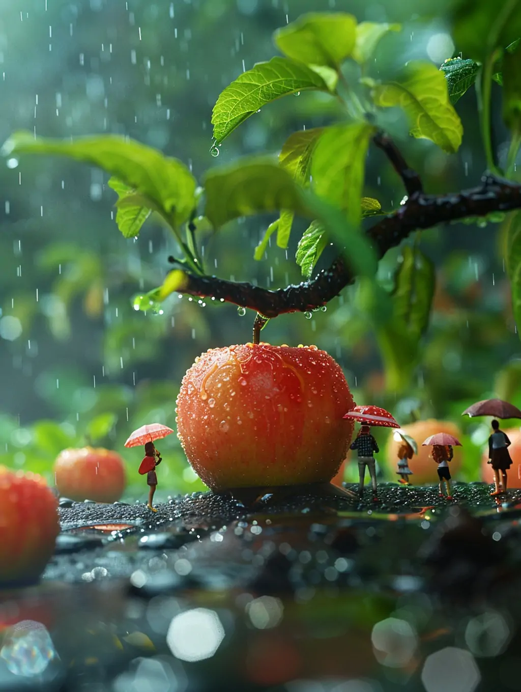 创意苹果树果园雨天人物撑伞微观世界艺术摄影海报midjourney关键词咒语 - Ai宇宙吧--Ai宇宙吧-