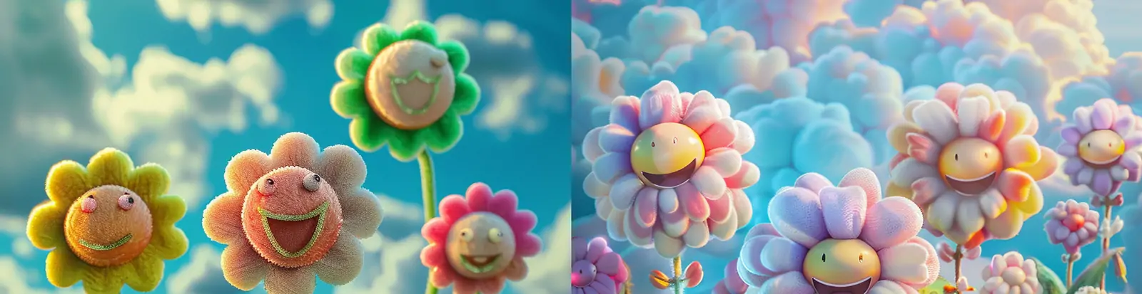 3D立体春天可爱花朵鲜花笑脸表情幻想艺术风格海报midjourney关键词咒语