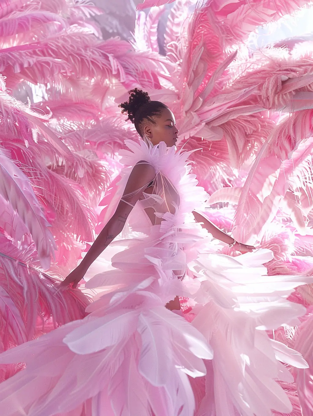 创意粉色羽毛服装概念艺术人物模特杂志封面海报midjourney关键词咒语 - Ai宇宙吧--Ai宇宙吧-