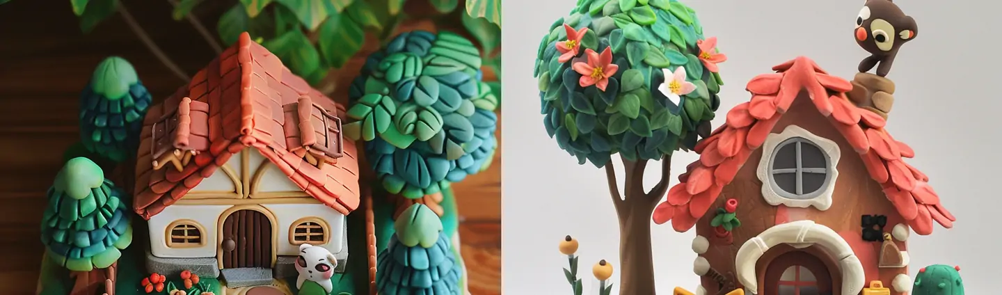 可爱卡通立体动物森林小木屋女孩庭院粘土世界手工艺品模型midjourney关键词咒语