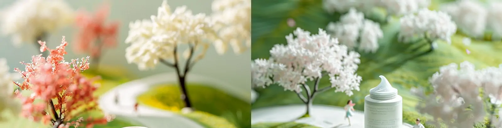 创意绿色春天鲜花植物微观世界护肤品面霜产品广告摄影海报midjourney关键词咒语