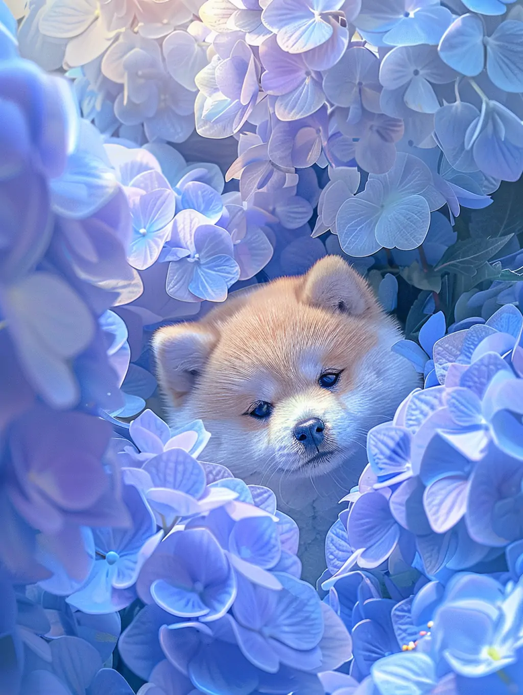 可爱毛茸茸小狗在巨大绣花球中间特写摄影海报midjourney关键词咒语 - Ai宇宙吧--Ai宇宙吧-
