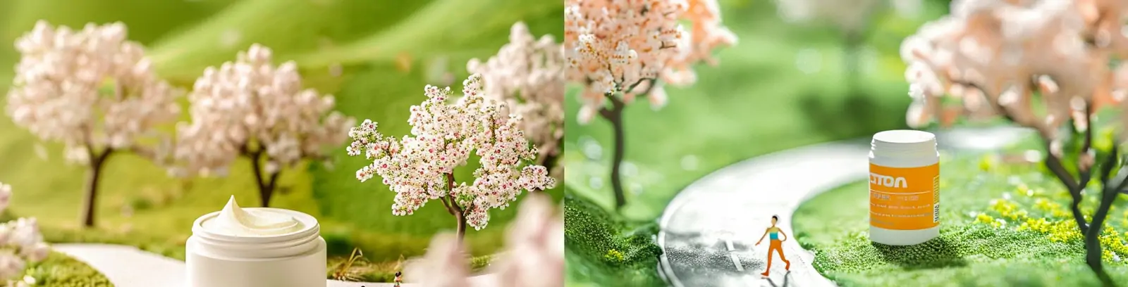 创意绿色春天鲜花植物微观世界护肤品面霜产品广告摄影海报midjourney关键词咒语