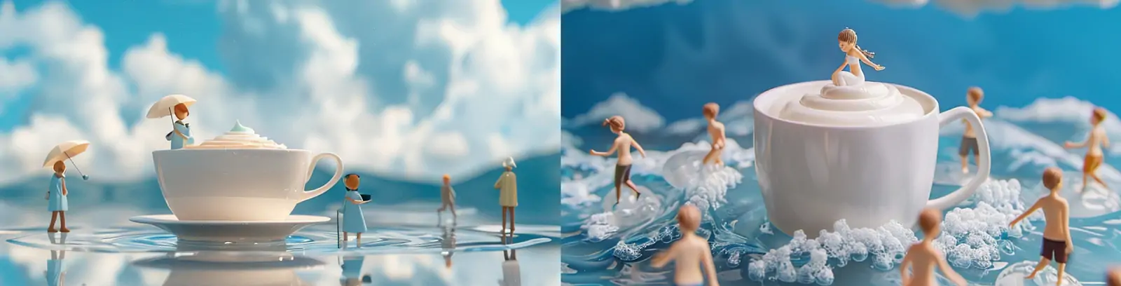 创意蓝色清凉夏天奶盖咖啡主题蓝天白云微缩景观场景海报midjourney关键词咒语
