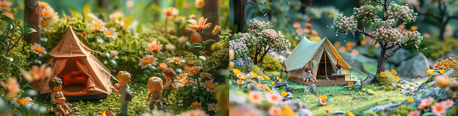 3D立体春天森林露营帐篷微型景观场景插图海报midjourney关键词咒语