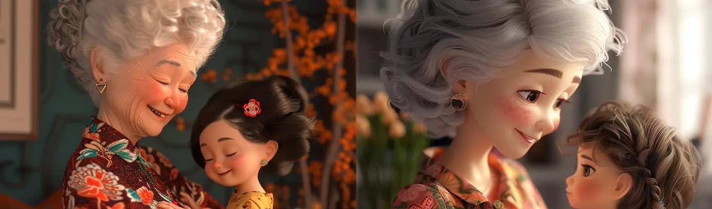 3D立体卡通复古奶奶孙女幸福家庭皮克斯人物模型midjourney关键词咒语