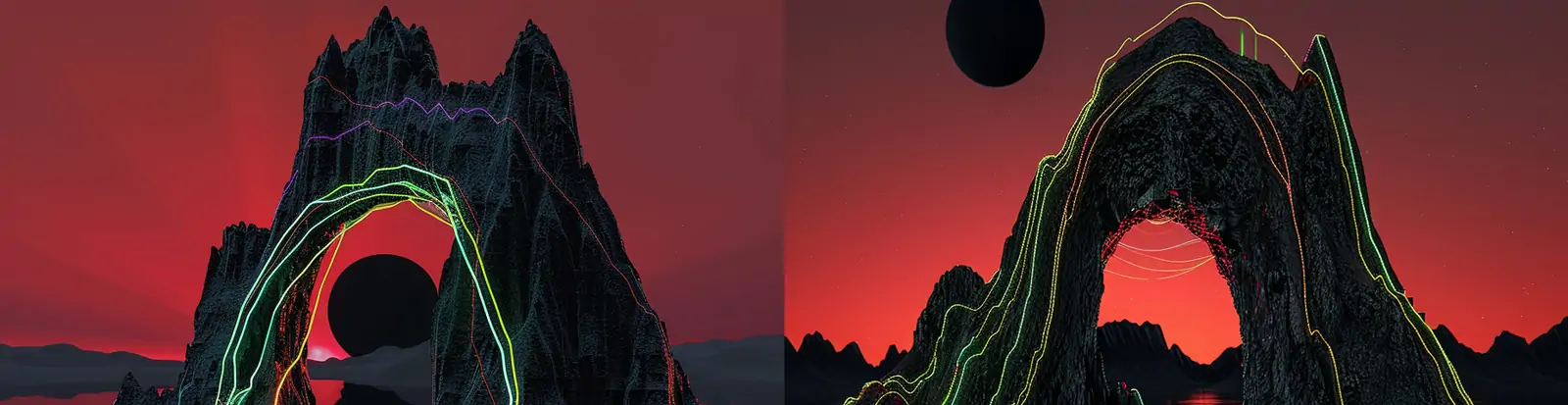 创意彩色光效线条山脉山洞拱门结构映射海报背景midjourney关键词咒语