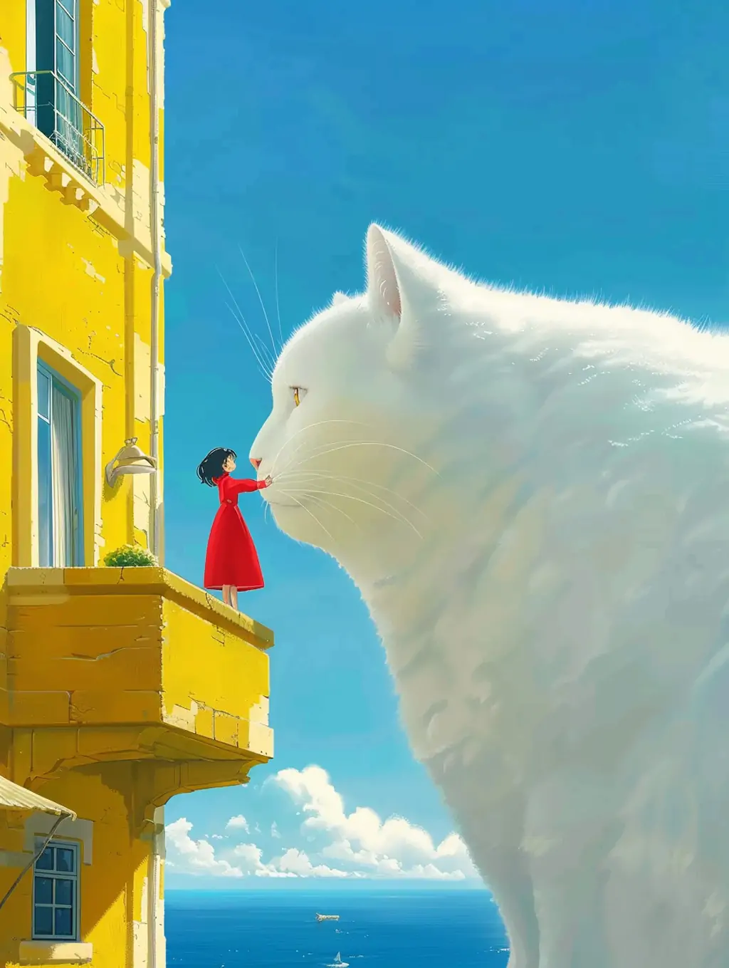 极简主义巨型白色猫咪女孩黄色建筑宫崎骏艺术风格插图海报midjourney关键词咒语 - Ai宇宙吧--Ai宇宙吧-