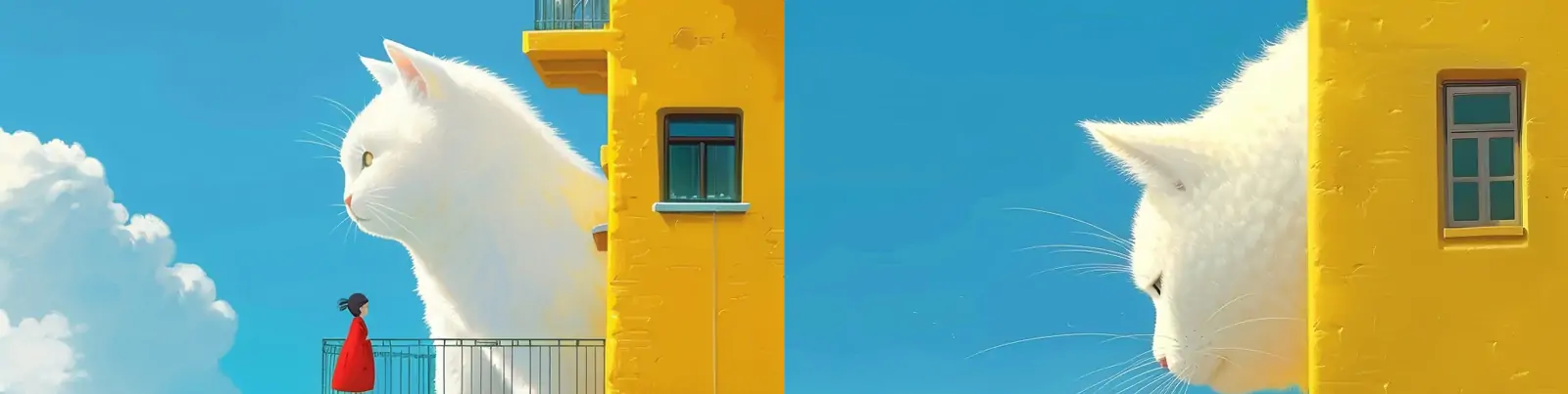 极简主义巨型白色猫咪女孩黄色建筑宫崎骏艺术风格插图海报midjourney关键词咒语