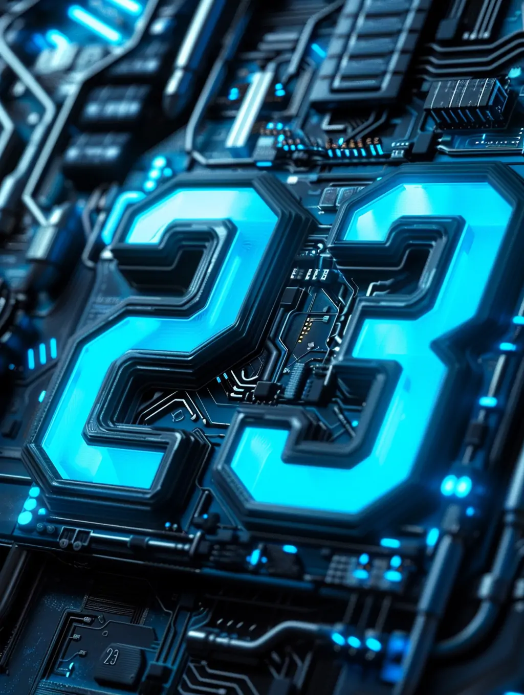 未来主义科技感蓝色发光数字23复杂电子结构海报midjourney关键词咒语 - Ai宇宙吧--Ai宇宙吧-