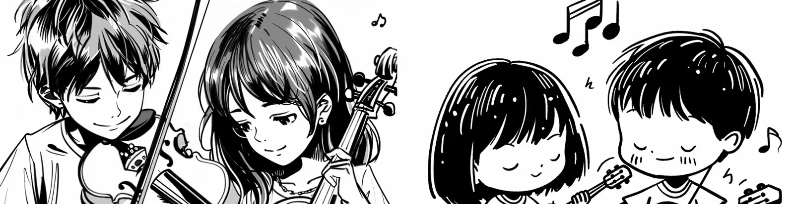 手绘动漫卡通男孩女孩演奏乐器黑白线稿涂鸦插图海报midjourney关键词咒语