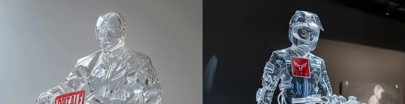 创意透明塑料玻璃男性摩托车雕塑模型midjourney关键词咒语