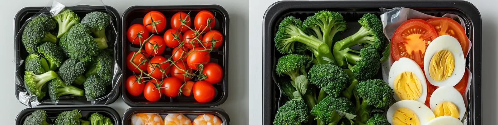 营养健康轻食西蓝花鸡蛋虾仁西红柿便当餐盒外卖广告海报midjourney关键词咒语