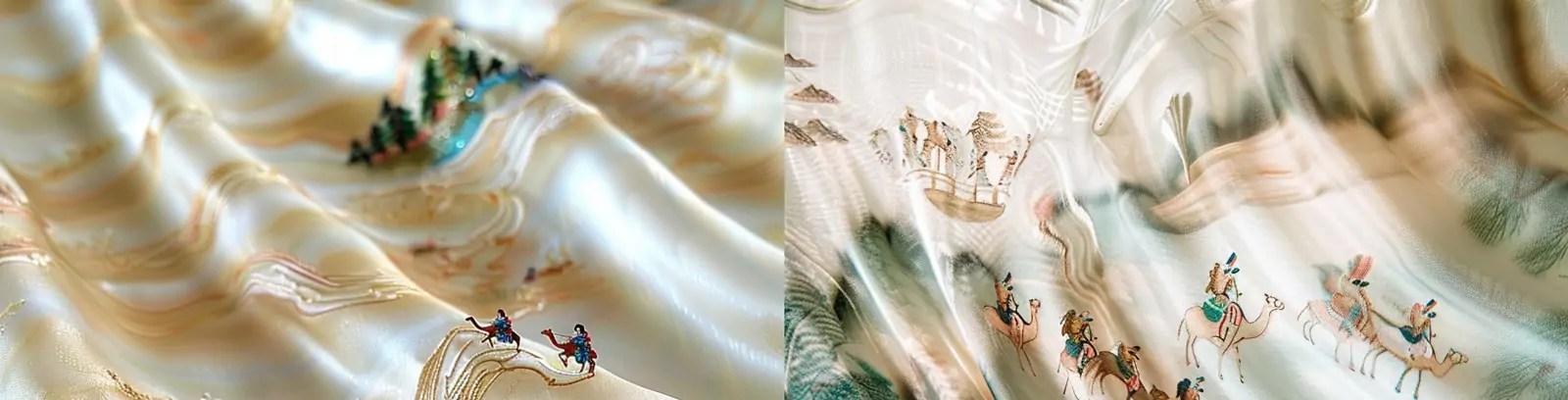 中国风绸缎锦缎丝绸布料丝绸之路微缩景观图案midjourney关键词咒语