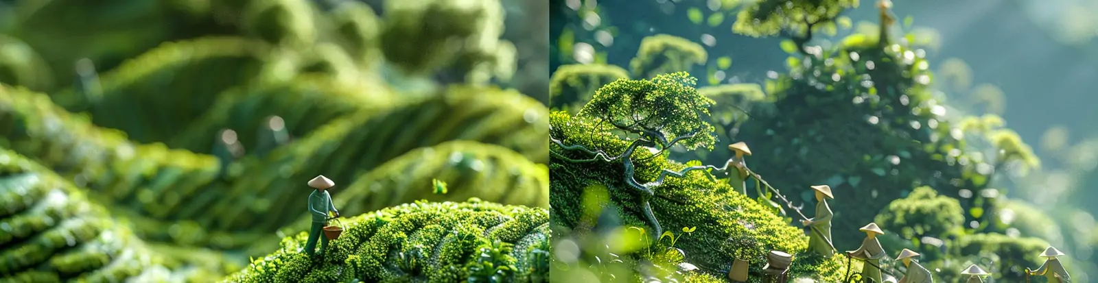 绿色春天茶山采茶微观场景摄影海报midjourney关键词咒语