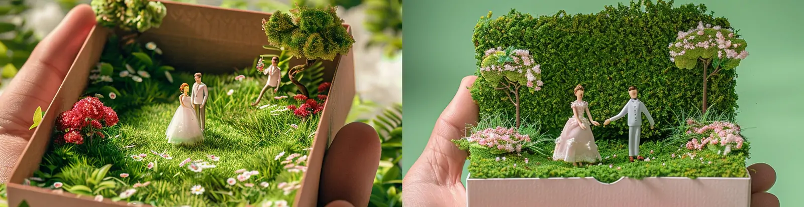 唯美浪漫绿色春天婚礼婚纱照微缩景观三维立体场景模型midjourney关键词咒语