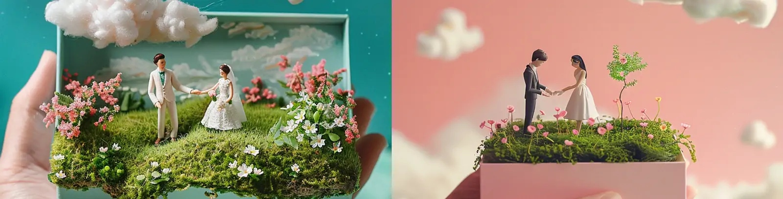 唯美浪漫绿色春天婚礼婚纱照微缩景观礼盒三维立体场景模型midjourney关键词咒语