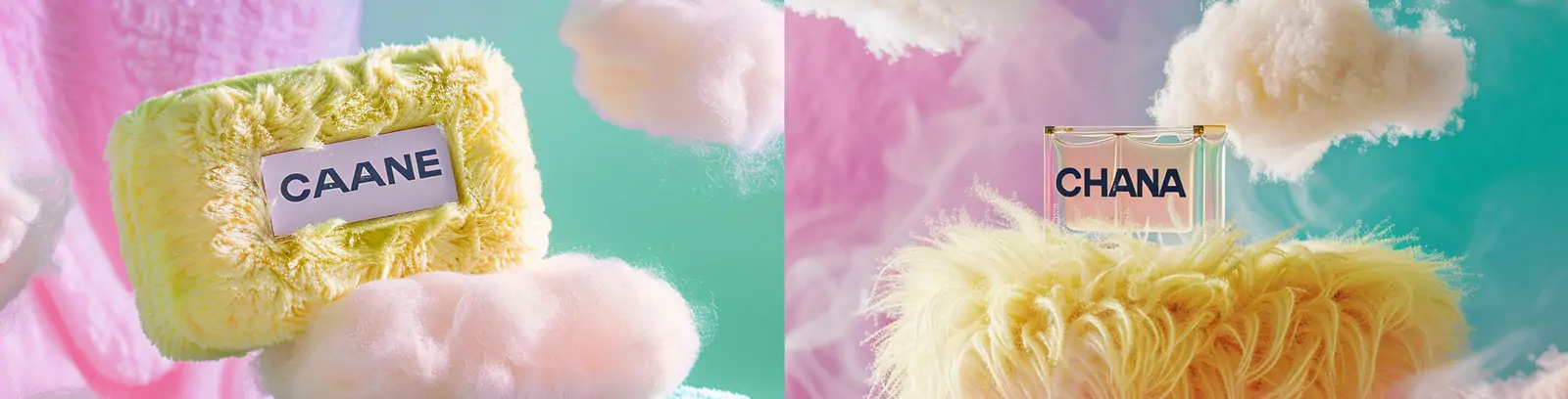 高级香奈儿粉色黄色毛茸茸香水瓶商业摄影海报midjourney关键词咒语