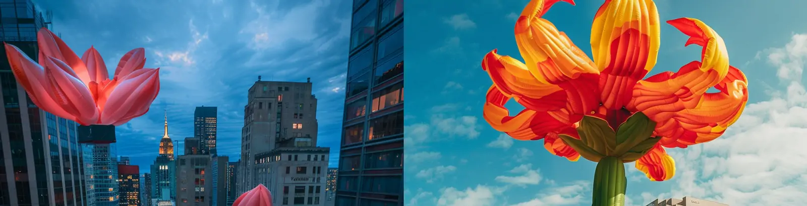 超现实主义巨型鲜花植物城市建筑中生长摄影海报midjourney关键词咒语