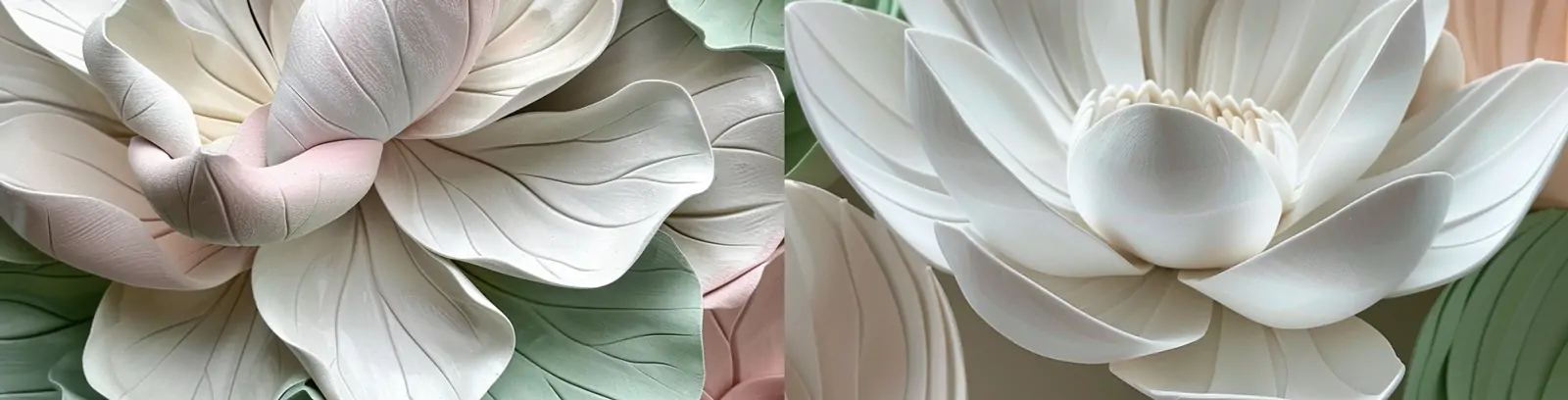 粉彩粉色绿色白色莲花立体花瓣线条逼真粘土雕塑模型midjourney关键词咒语