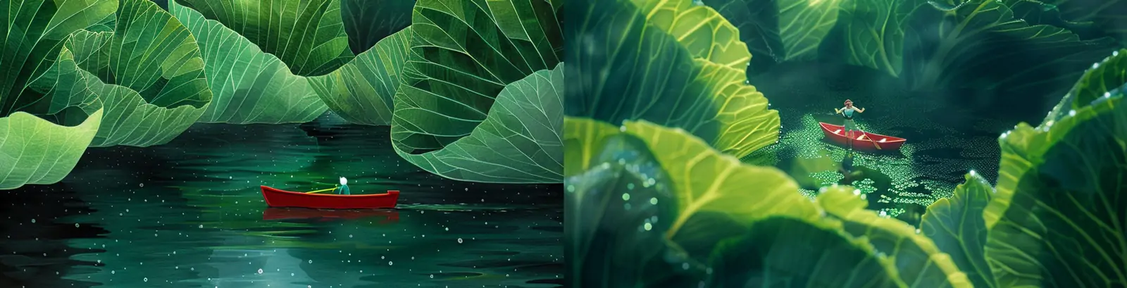 创意巨型绿色白菜叶湖面划船探险微观世界场景插图海报midjourney关键词咒语