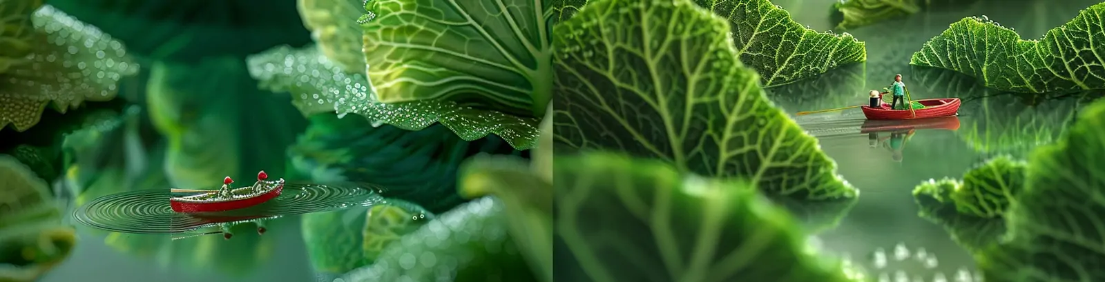 创意巨型绿色白菜叶湖面划船探险微观世界场景插图海报midjourney关键词咒语