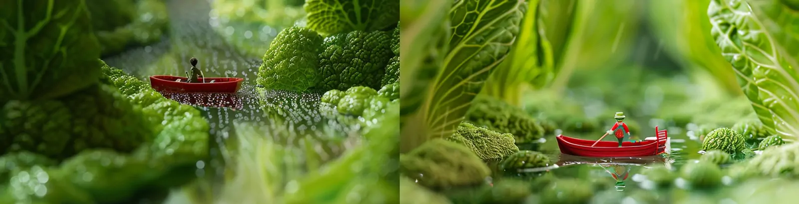 创意巨型绿色白菜叶湖面划船探险微观世界场景插图海报midjourney关键词咒语