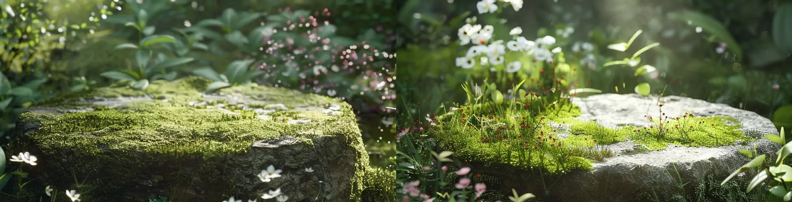 绿色春天森林鲜花植物石板苔藓阳光场景摄影海报midjourney关键词咒语