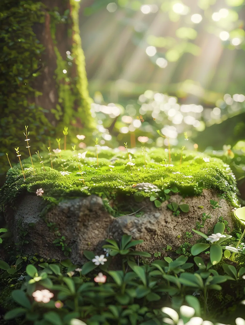 绿色春天森林鲜花植物石板苔藓阳光场景摄影海报midjourney关键词咒语-Ai宇宙吧-