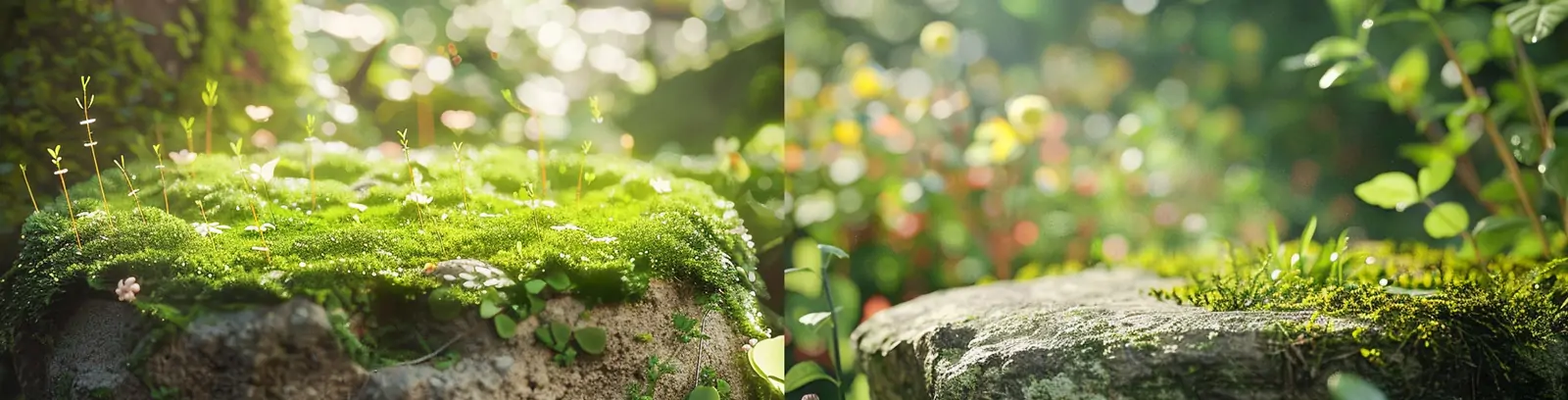绿色春天森林鲜花植物石板苔藓阳光场景摄影海报midjourney关键词咒语