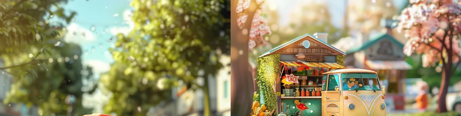 3D立体绿色卡通春天房车售卖商店鲜花植物微观世界摄影海报midjourney关键词咒语分享