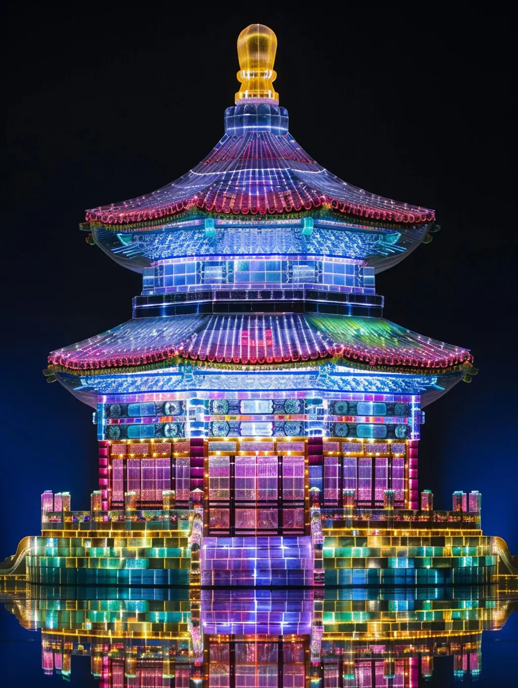 3D立体彩色透明水晶玻璃北京天坛建筑模型midjourney关键词咒语-Ai宇宙吧-