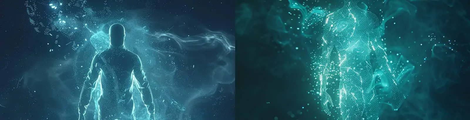 未来主义科技感蓝色人物轮廓动态发光粒子海报midjourney关键词咒语