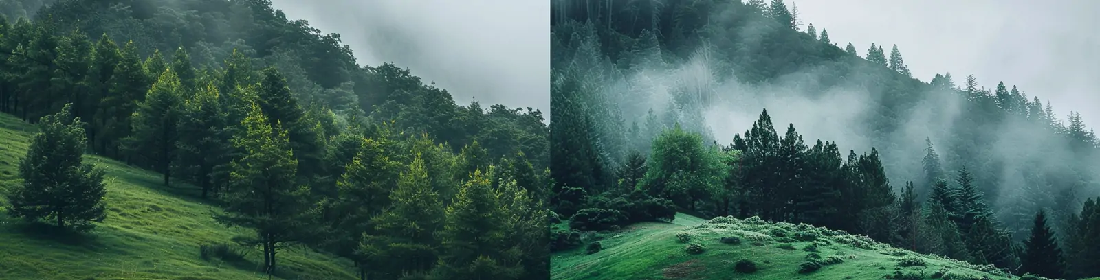 绿色草原山坡雾蒙蒙森林植物树木摄影照片海报midjourney关键词咒语