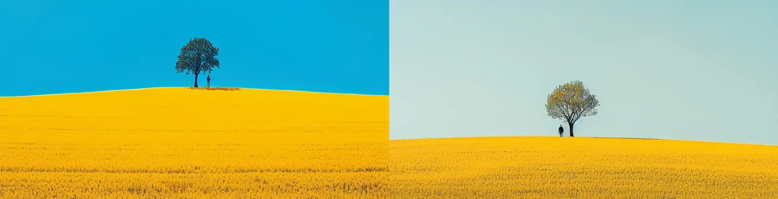 极简主义蓝色天空金色田野树木人物高清摄影海报midjourney关键词咒语分享