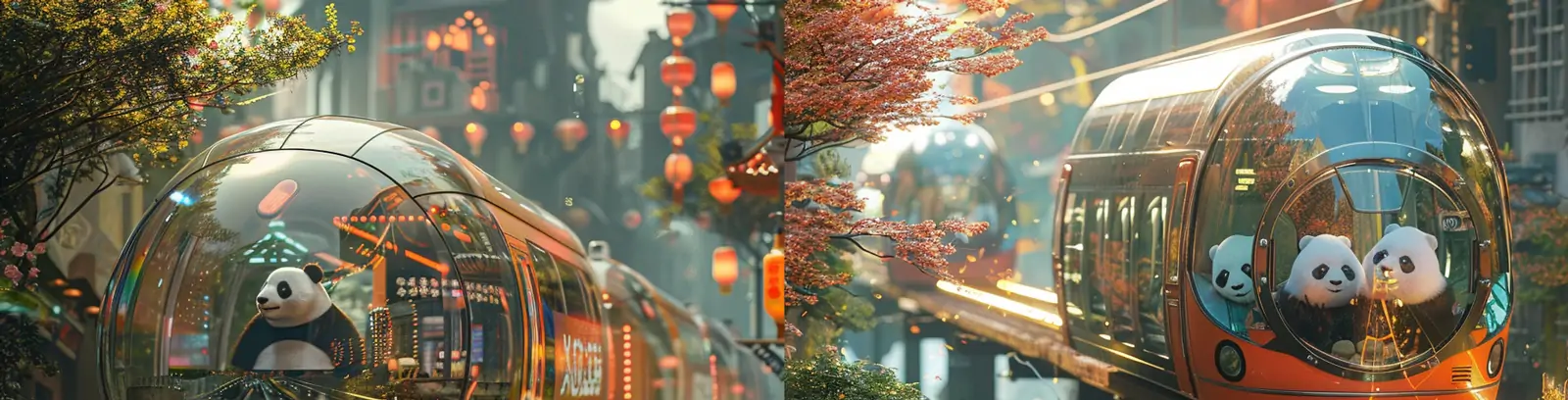 创意春天透明玻璃熊猫主题火车旅行城市穿梭摄影海报midjourney关键词咒语
