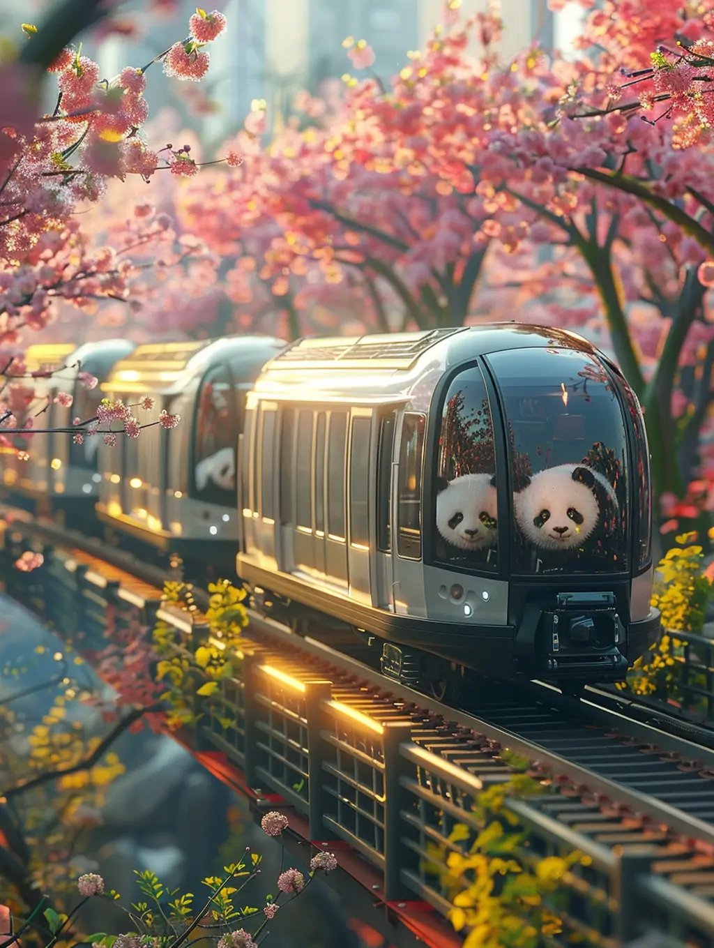 创意春天透明玻璃熊猫主题火车旅行城市穿梭摄影海报midjourney关键词咒语 - Ai宇宙吧--Ai宇宙吧-