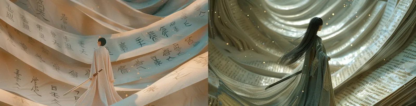 中国风古典艺术人物女子汉服书法卷轴行走梦幻绘画海报midjourney关键词咒语