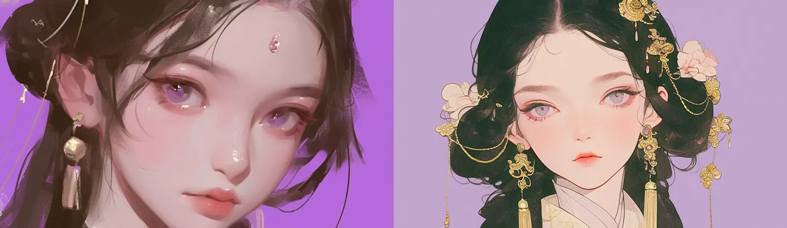手绘中国古风精致紫色汉服女孩工笔画插图海报midjourney关键词咒语