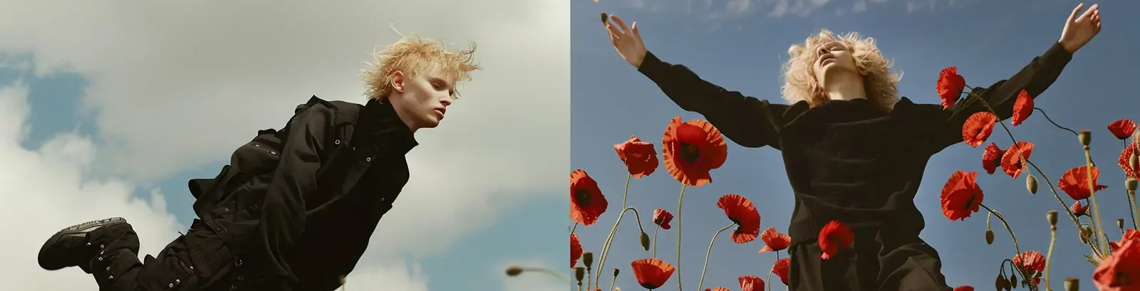 创意金发男子漂浮空中罂粟花背景摄影海报midjourney关键词咒语