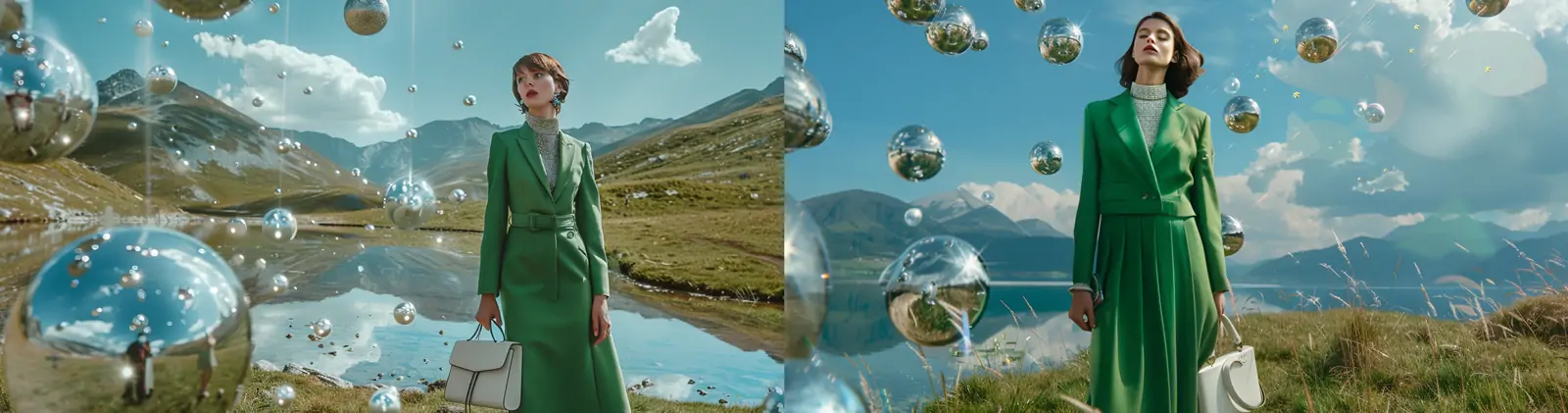 时尚模特绿色田园草地湖泊蓝天白云漂浮金属球体场景杂志摄影海报midjourney关键词咒语