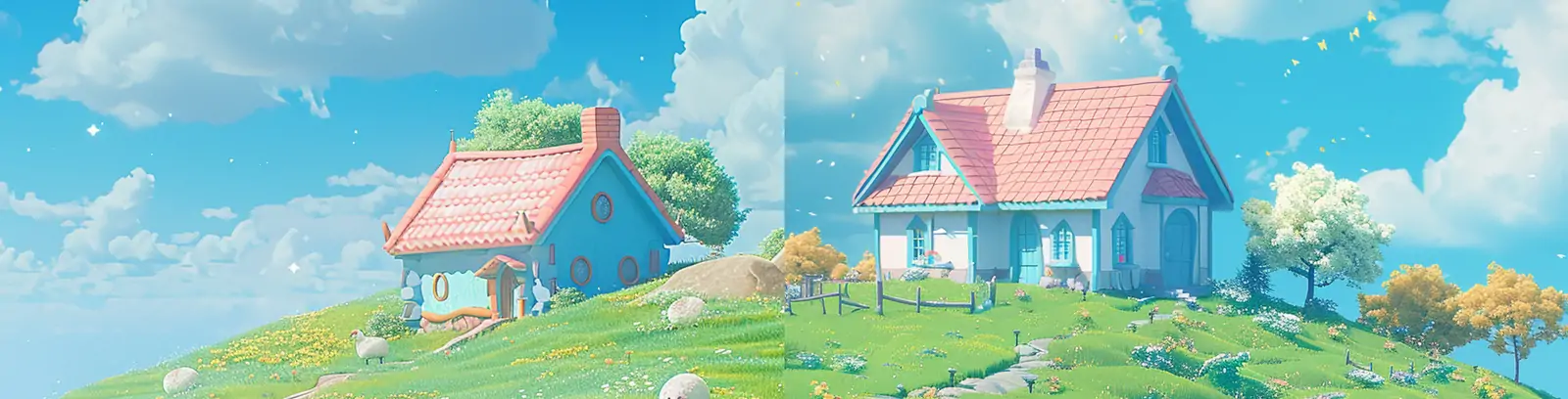 手绘卡通绿色草地可爱房屋建筑蓝天白云动画场景插图海报midjourney关键词咒语分享
