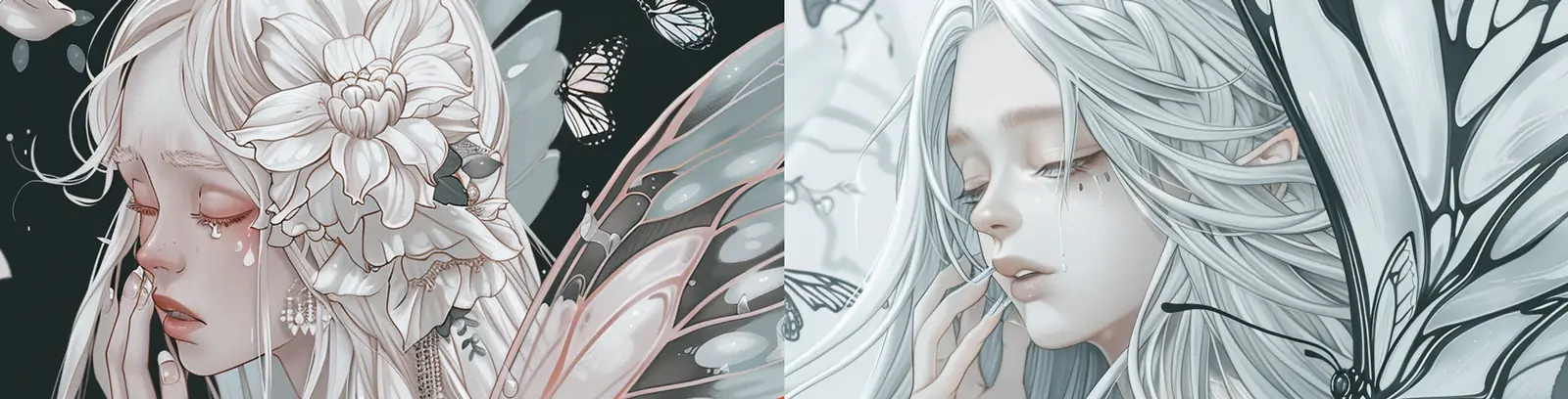 手绘可爱梦幻空灵小仙女动漫人物黑白线稿插图绘画midjourney关键词咒语