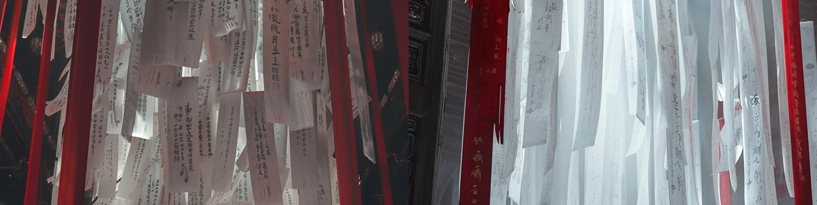 中国风古代宫殿大厅书法纸张飘扬场景美学艺术摄影海报midjourney关键词咒语