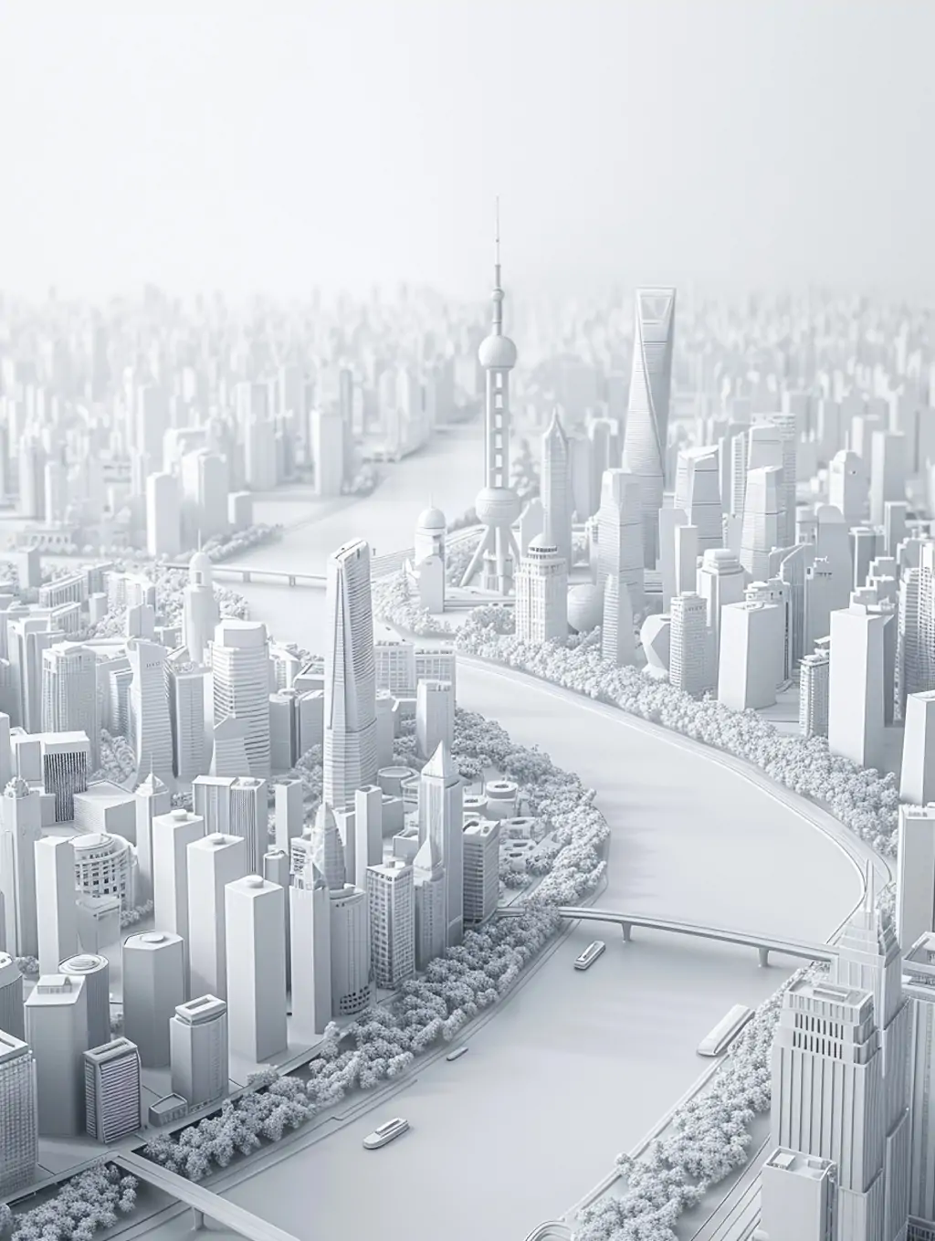 立体三维白模上海城市建筑地标东方明珠地图场景空间海报midjourney关键词咒语-Ai宇宙吧-