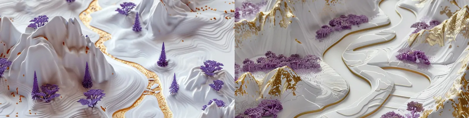 3D立体紫色烫金浮雕图案山水画景观鸟瞰图模型midjourney关键词咒语