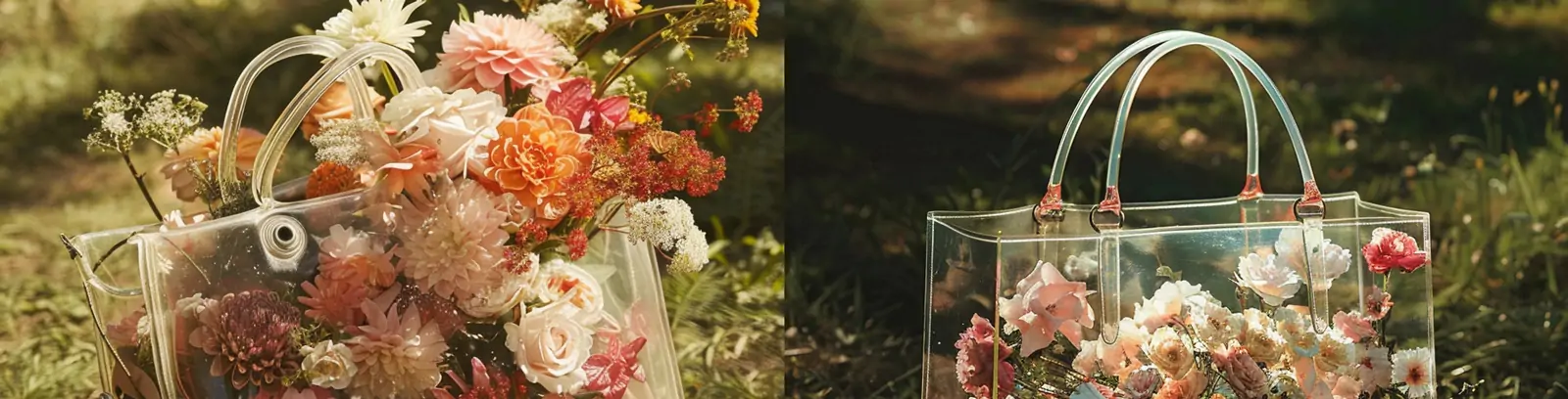 创意透明塑料精致鲜花包包草地场景摄影海报midjourney关键词咒语