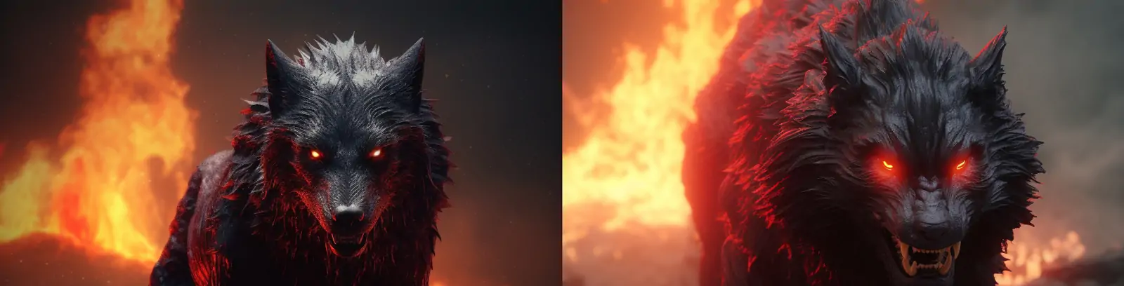 数字艺术风格群岛狼红色发光眼睛火焰逼真场景摄影海报midjourney关键词咒语